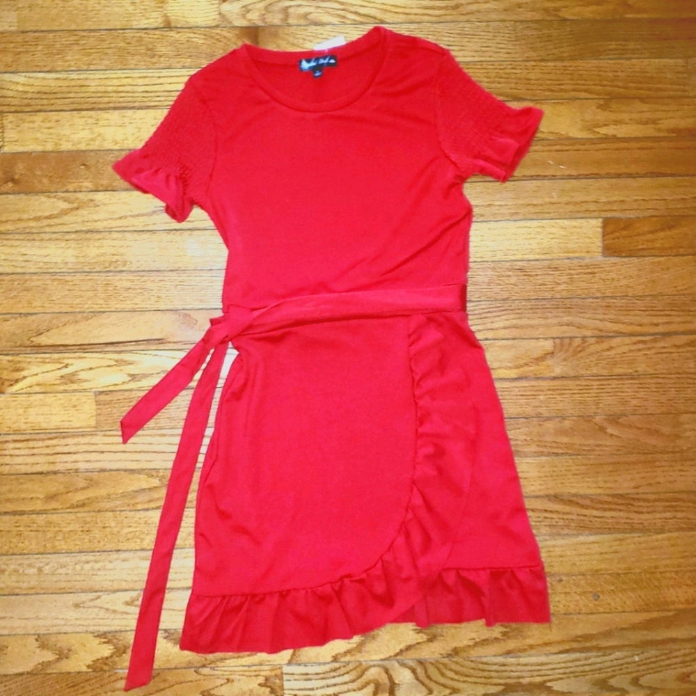 Red tie dress with ruffled bottom